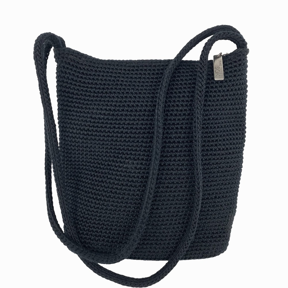 The Sak Crochet Shoulder Bag Black Double Straps Purse Satchel Zip Top Medium Lg